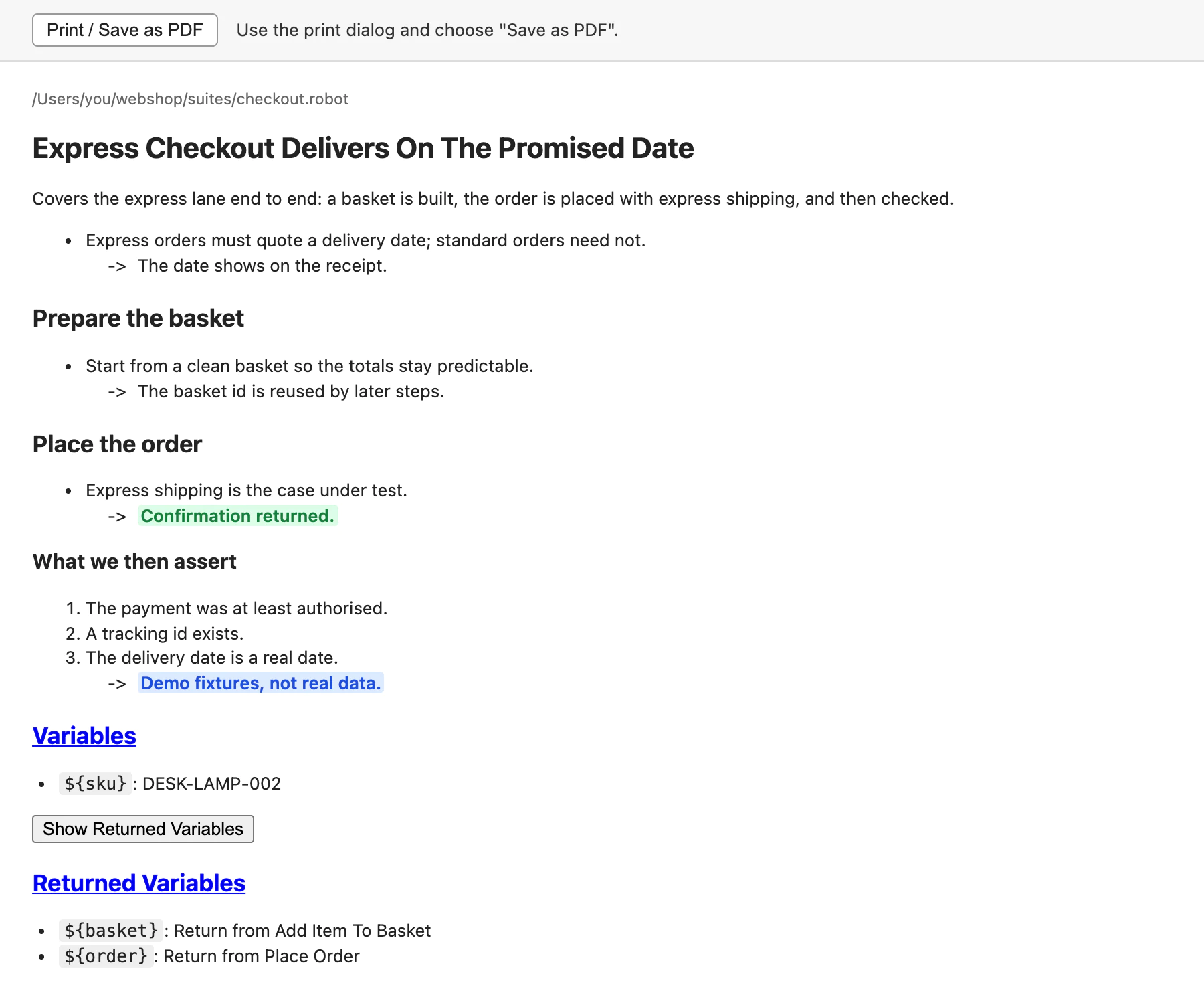 The printable export page: a toolbar reading Print / Save as PDF with the hint
                   to use the print dialog and choose Save as PDF, then the file path, the test case
                   title as a heading, and the same documentation typeset for print with its
                   headings, bullets, arrow notes, coloured semantic spans, and the Variables and
                   Returned Variables sections.